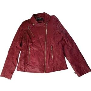 Bellivera Womens L Burgundy Wine Red Faux Leather Moto Jacket Quilted Biker